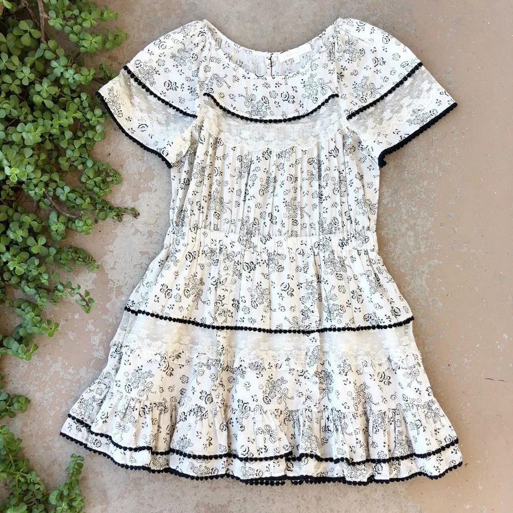 LoveShackFancy White Mini Dress with Black Floral Print
